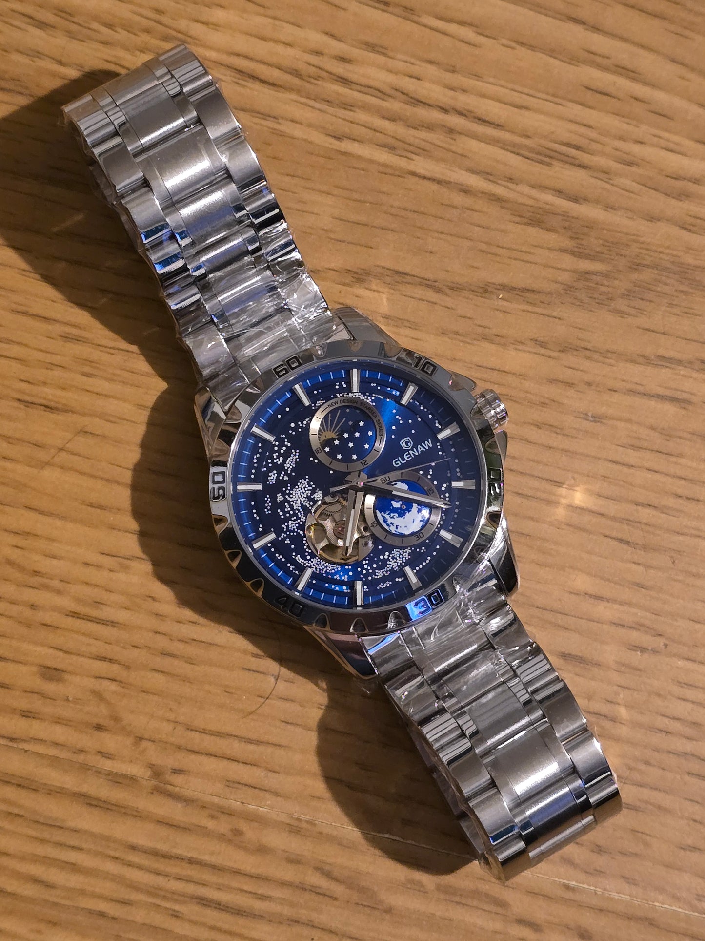 Glenaw Rotating Earth Mens Automatic Mechanical Watch - New