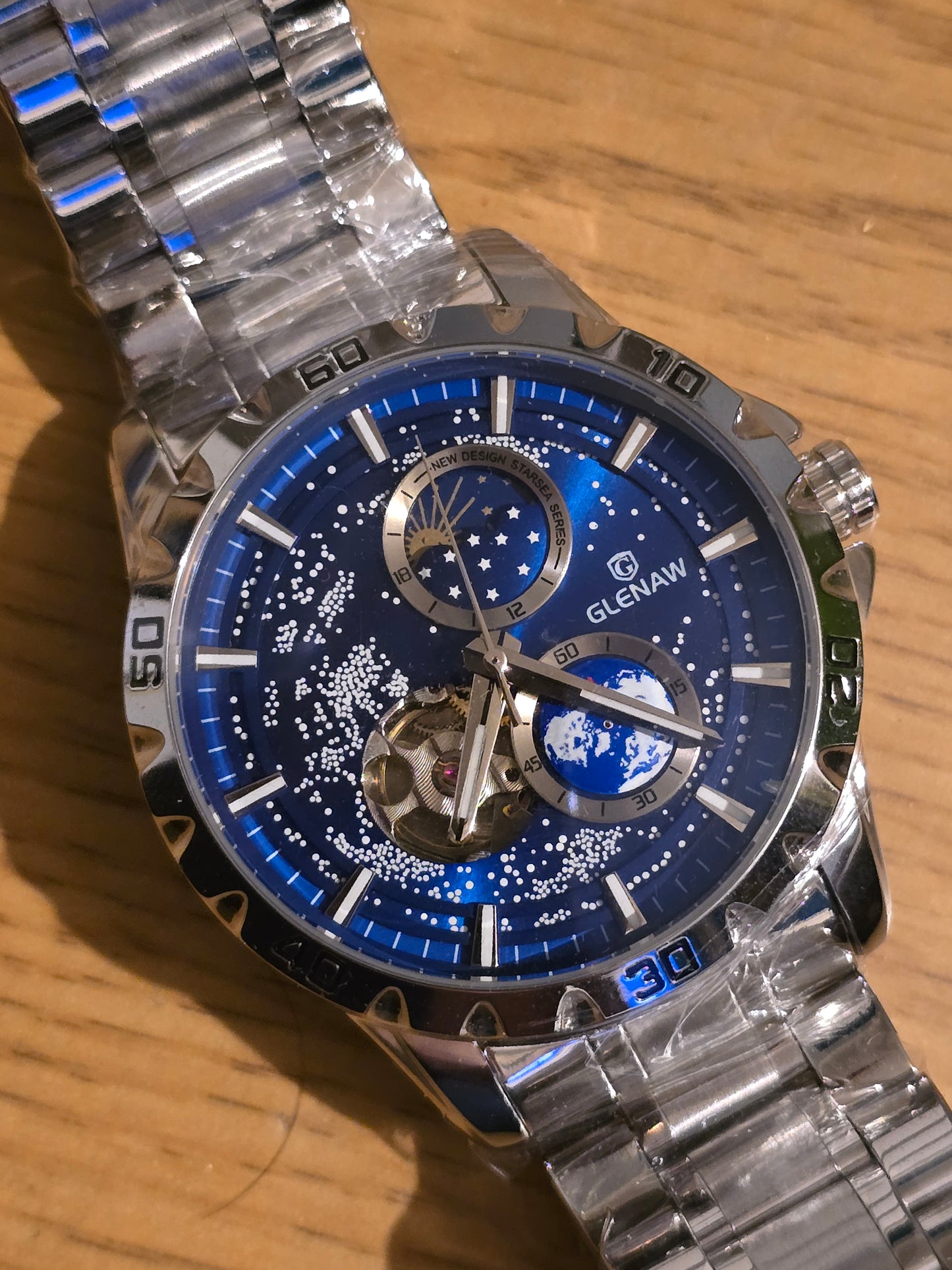 Glenaw Rotating Earth Mens Automatic Mechanical Watch - New