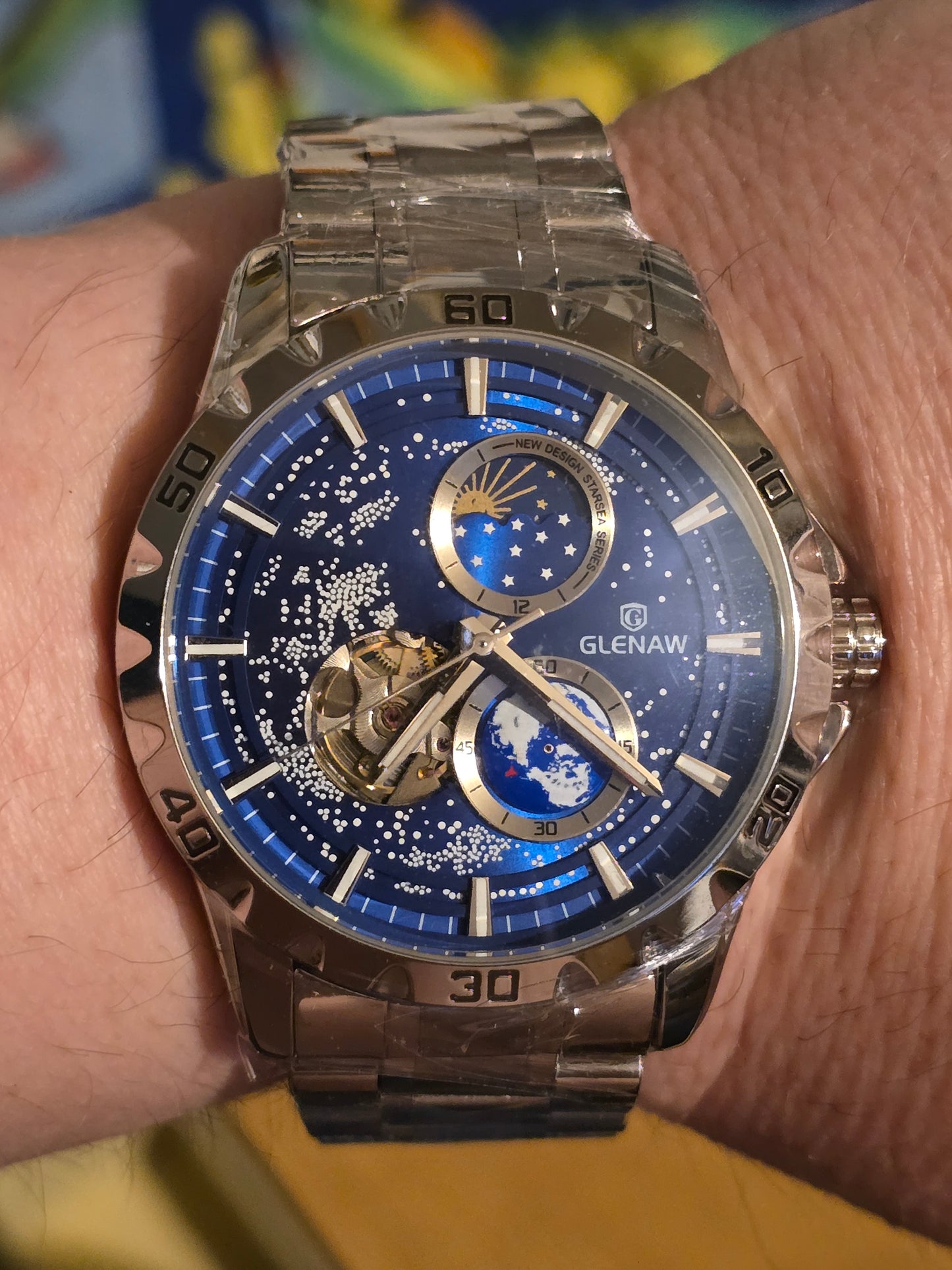 Glenaw Rotating Earth Mens Automatic Mechanical Watch - New