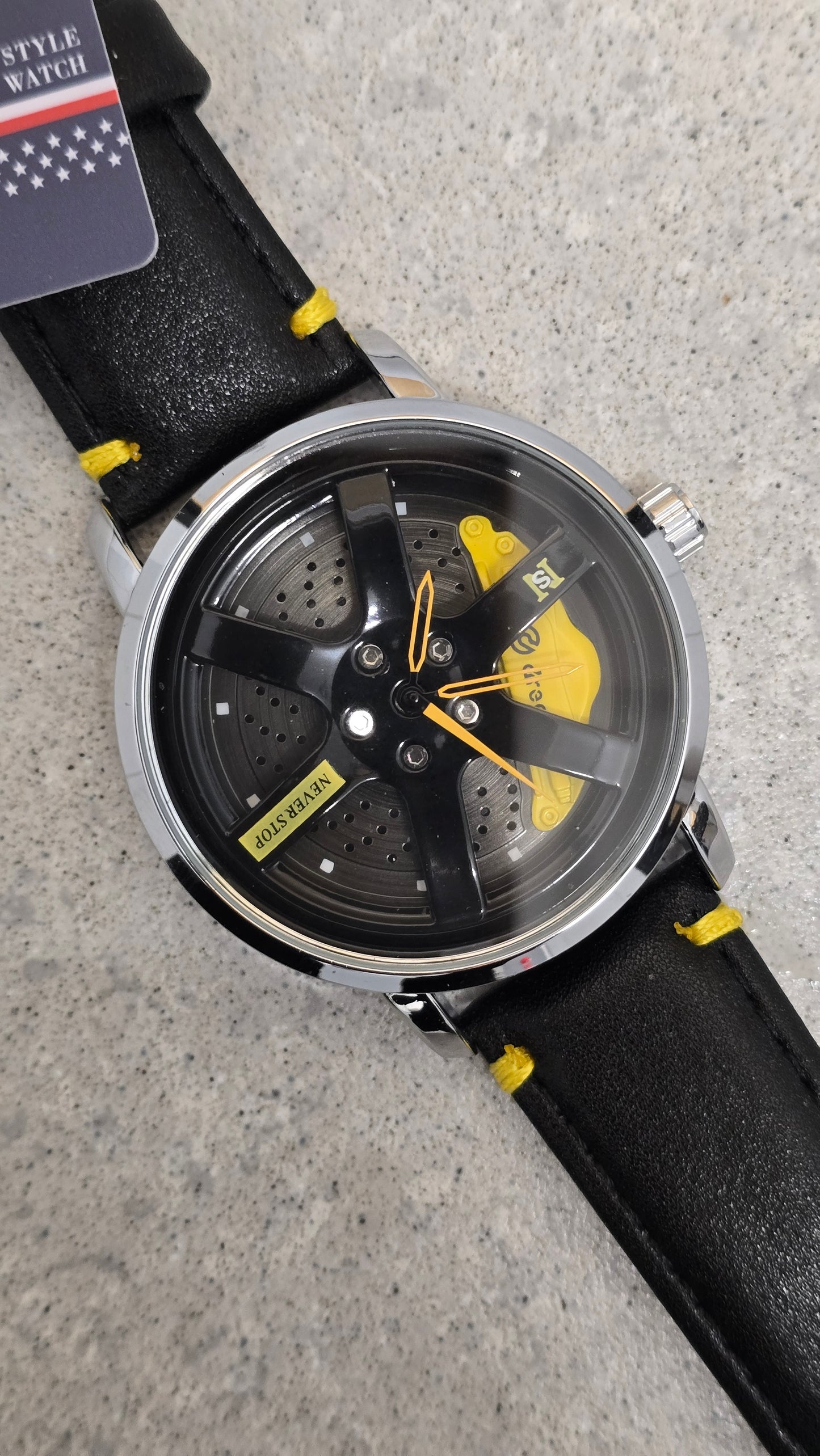 Never Stop - Mens Revolving Alloy Wheel Style Quartz Watch - Yellow  - New