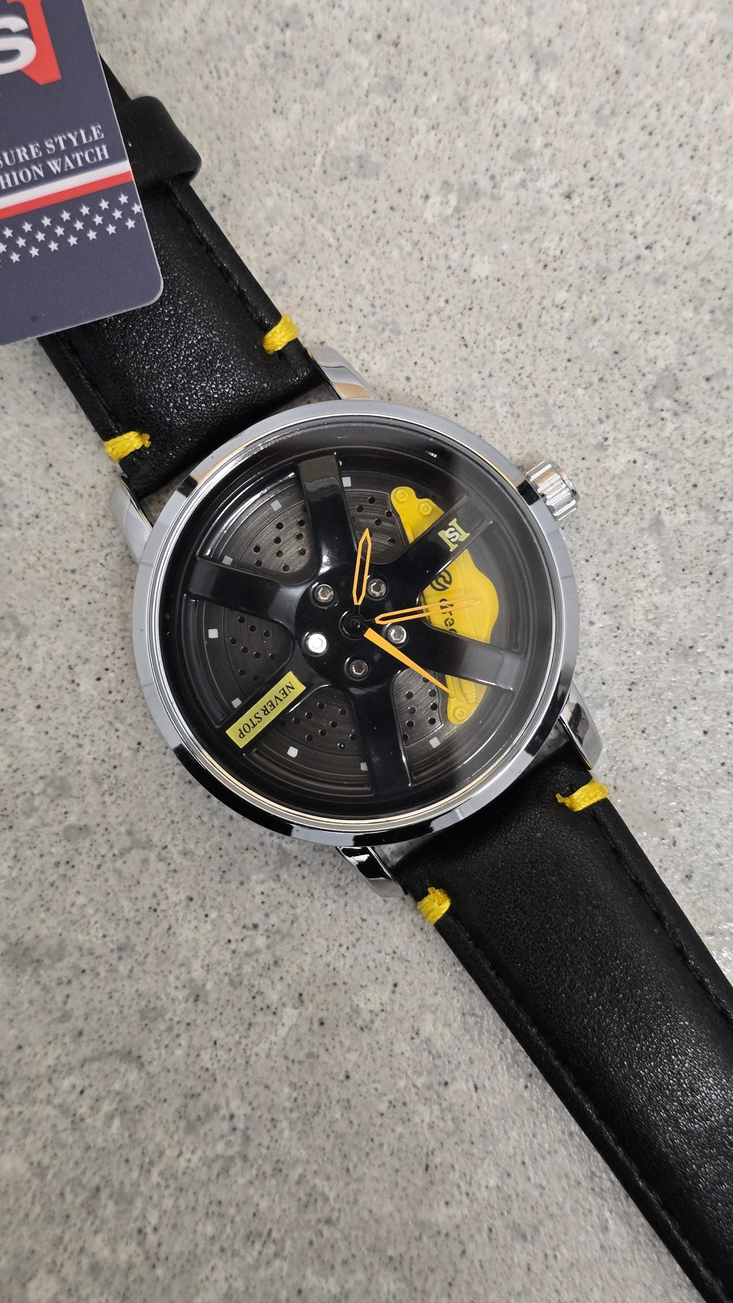 Never Stop - Mens Revolving Alloy Wheel Style Quartz Watch - Yellow  - New