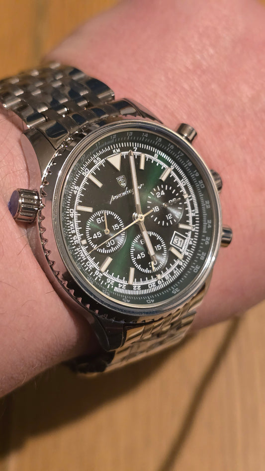 Poedagar Mens 960 Chronograph Quartz Watch - Silver/Green - New - 1