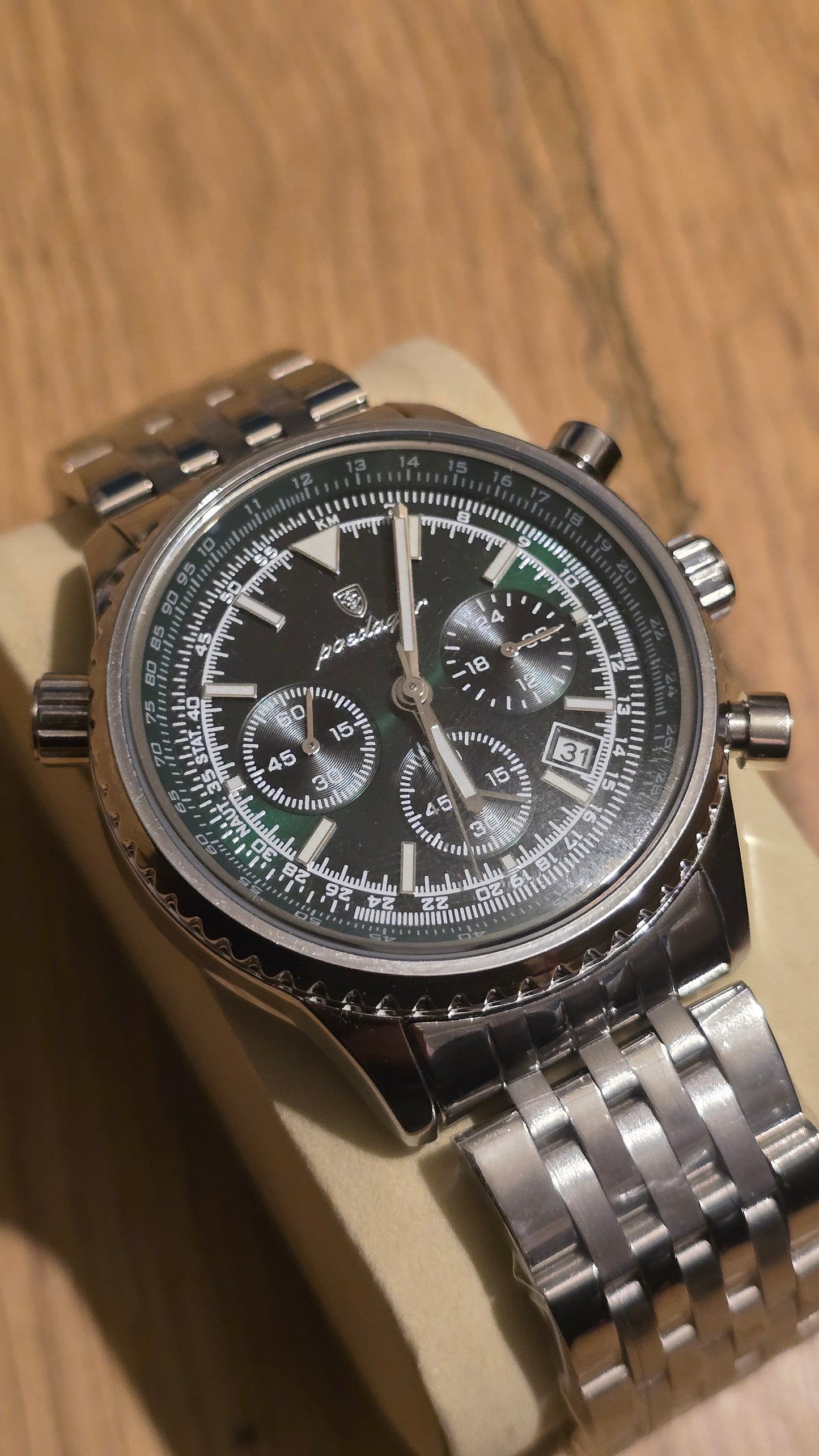Poedagar Mens 960 Chronograph Quartz Watch - Silver/Green - New - 1