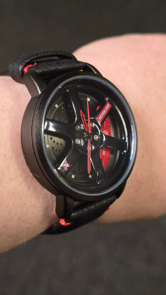 Never Stop - Mens Revolving Alloy Wheel Style Quartz Watch - Red - New