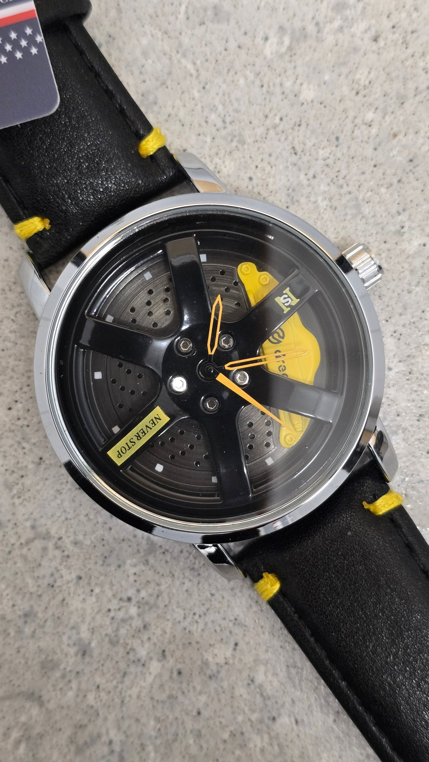 Never Stop - Mens Revolving Alloy Wheel Style Quartz Watch - Yellow  - New