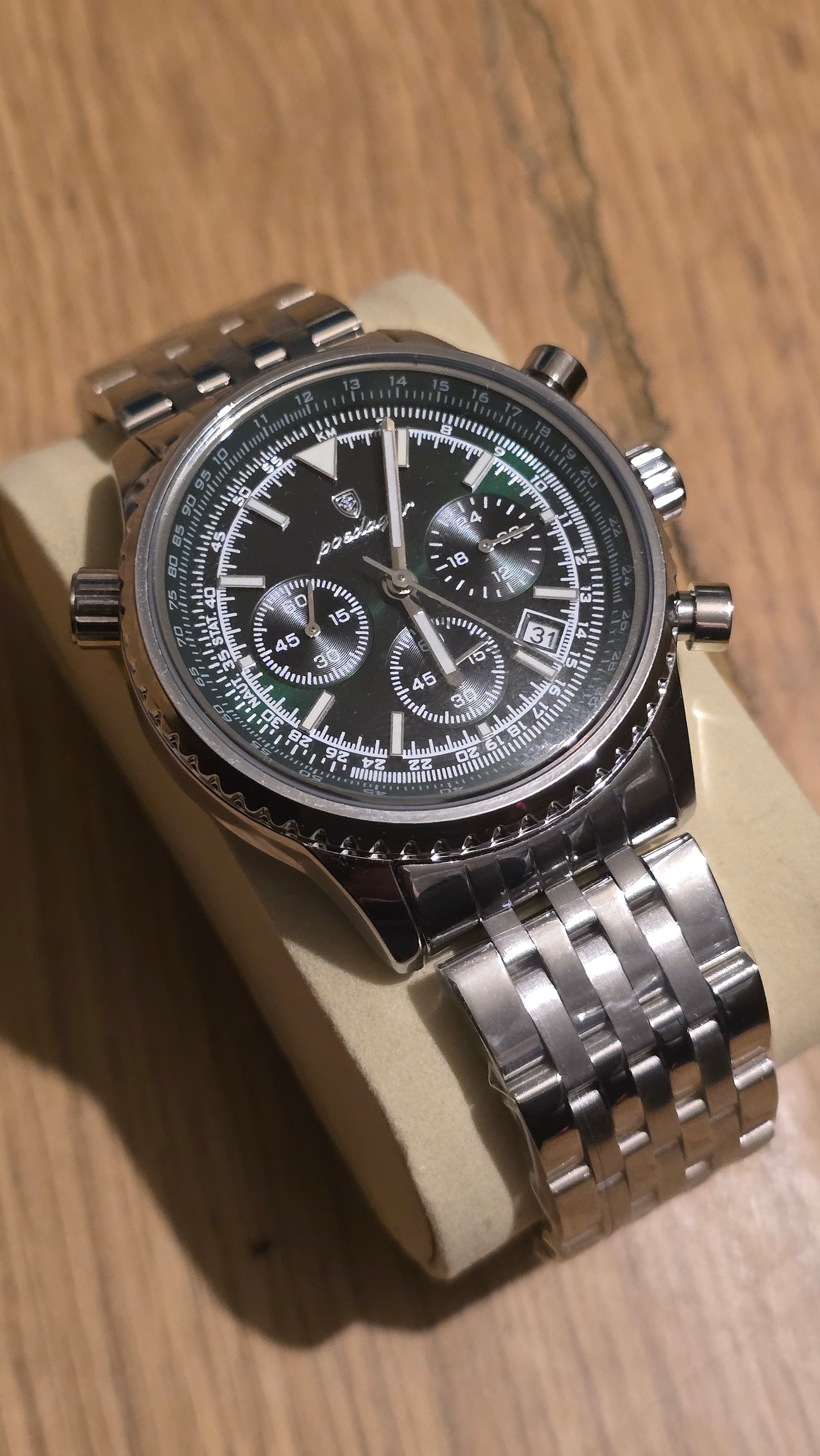 Poedagar Mens 960 Chronograph Quartz Watch - Silver/Green - New - 1