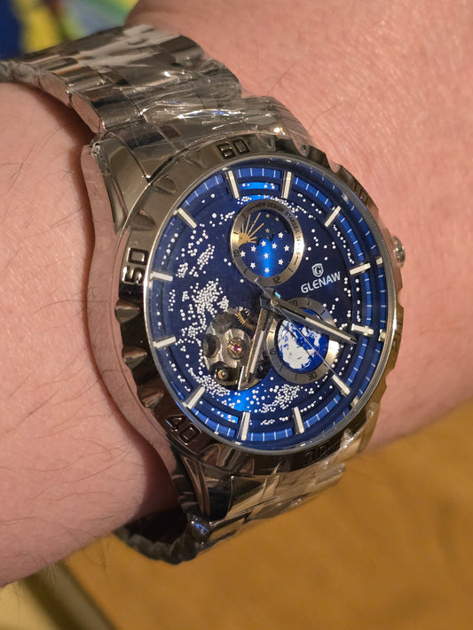 Glenaw Rotating Earth Mens Automatic Mechanical Watch - New