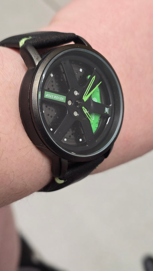 Never Stop - Mens Revolving Alloy Wheel Style Quartz Watch - Green - New
