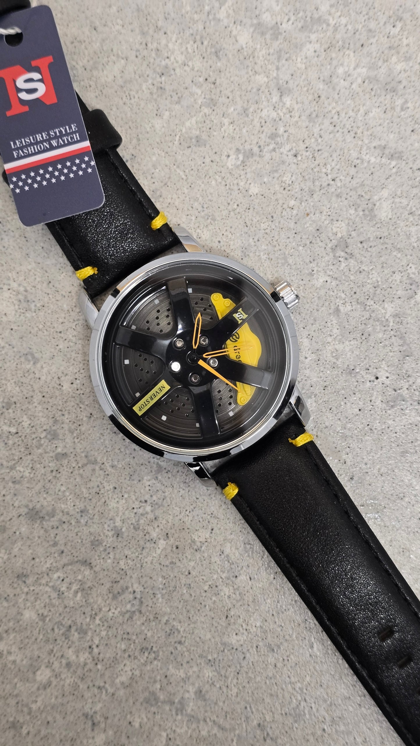 Never Stop - Mens Revolving Alloy Wheel Style Quartz Watch - Yellow  - New