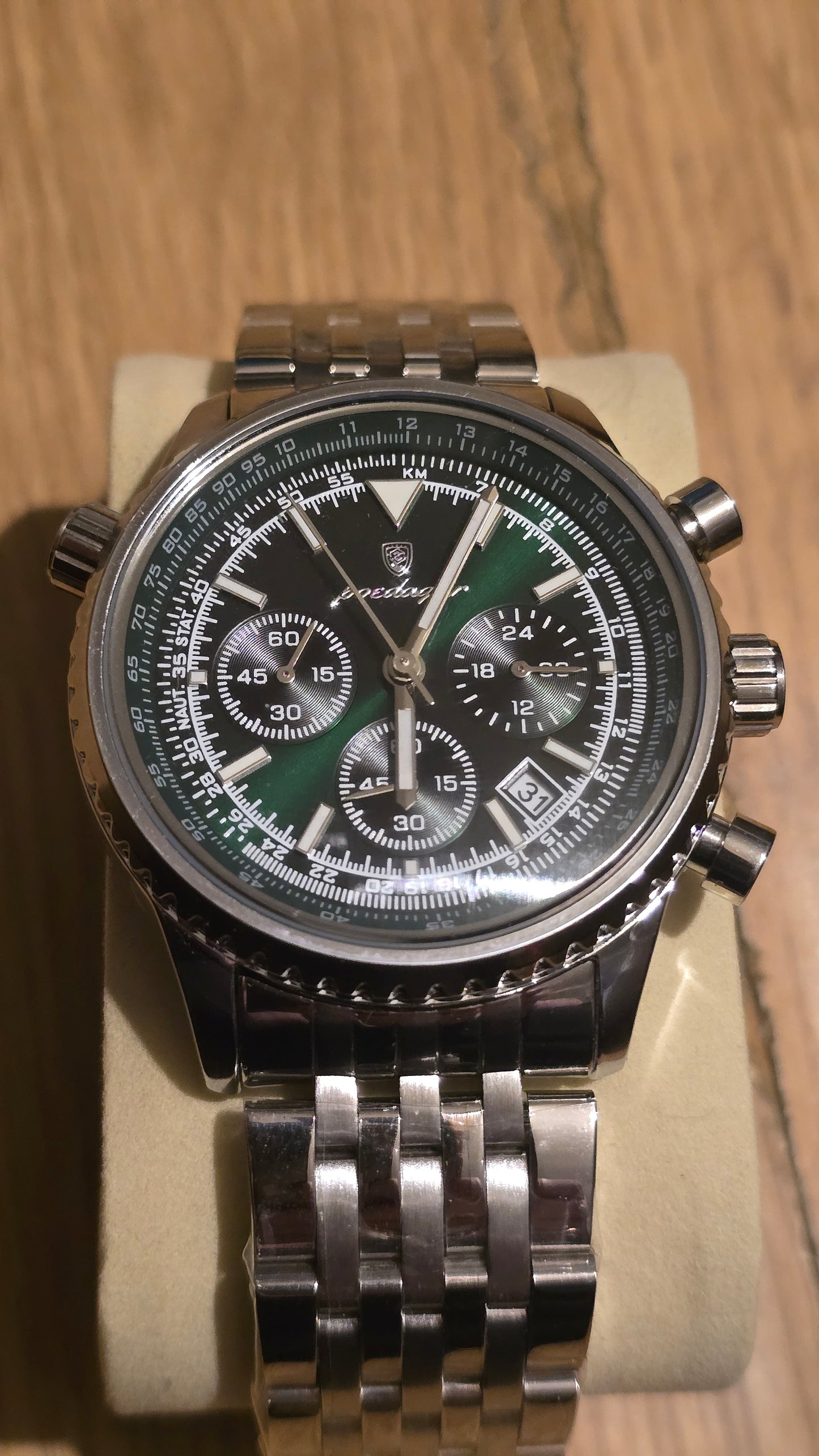 Poedagar Mens 960 Chronograph Quartz Watch - Silver/Green - New - 1