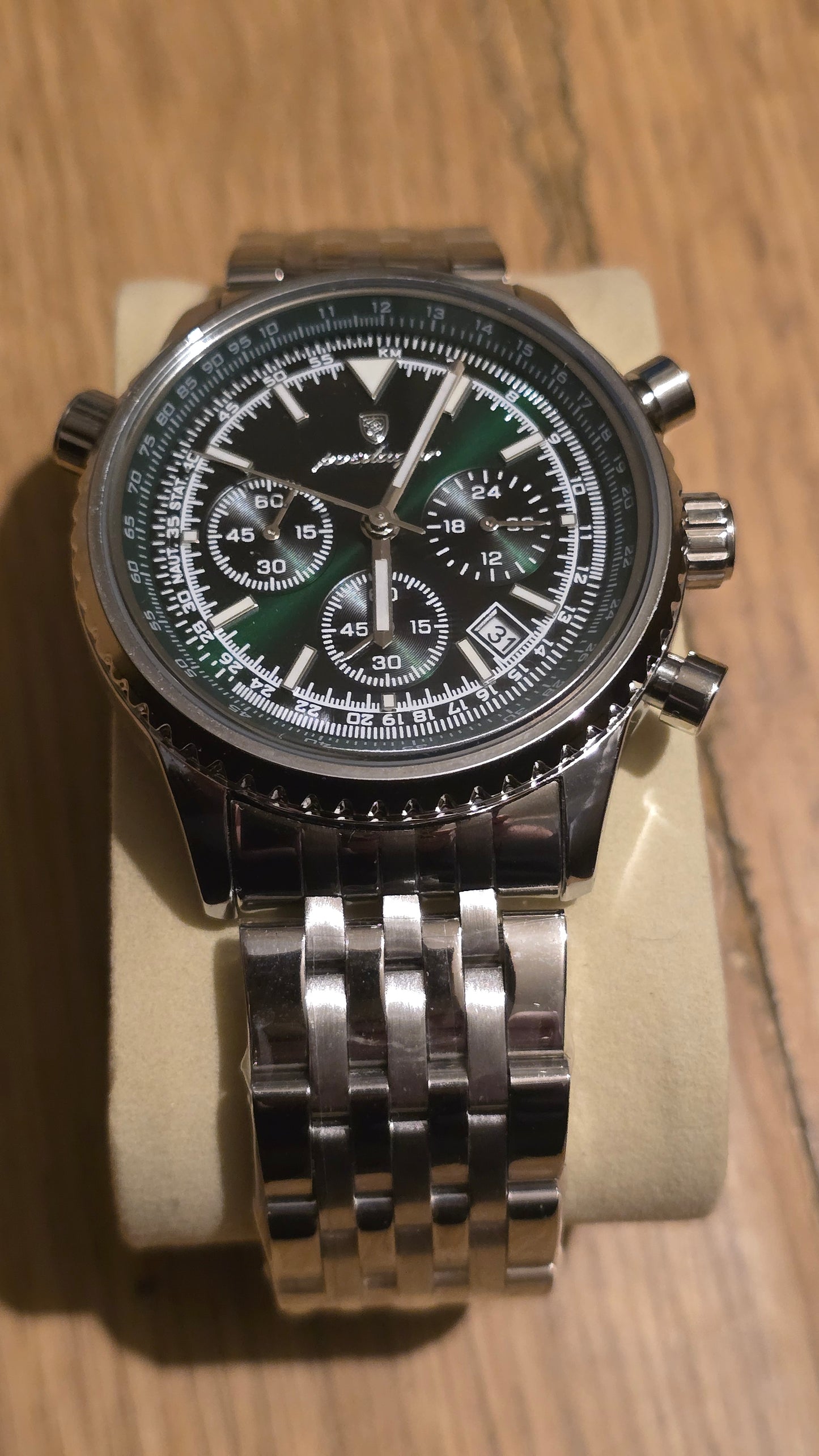 Poedagar Mens 960 Chronograph Quartz Watch - Silver/Green - New - 1