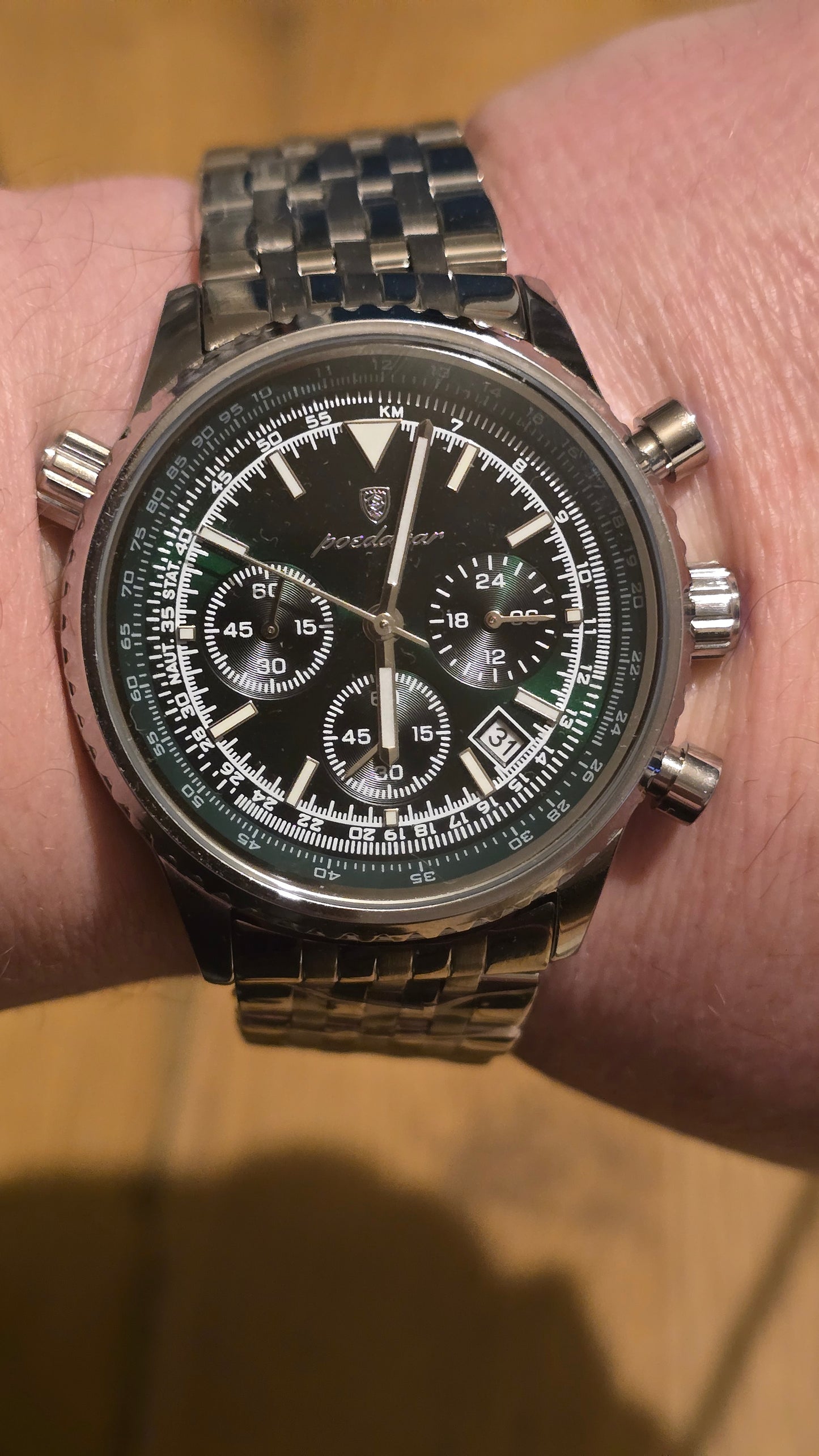 Poedagar Mens 960 Chronograph Quartz Watch - Silver/Green - New - 1