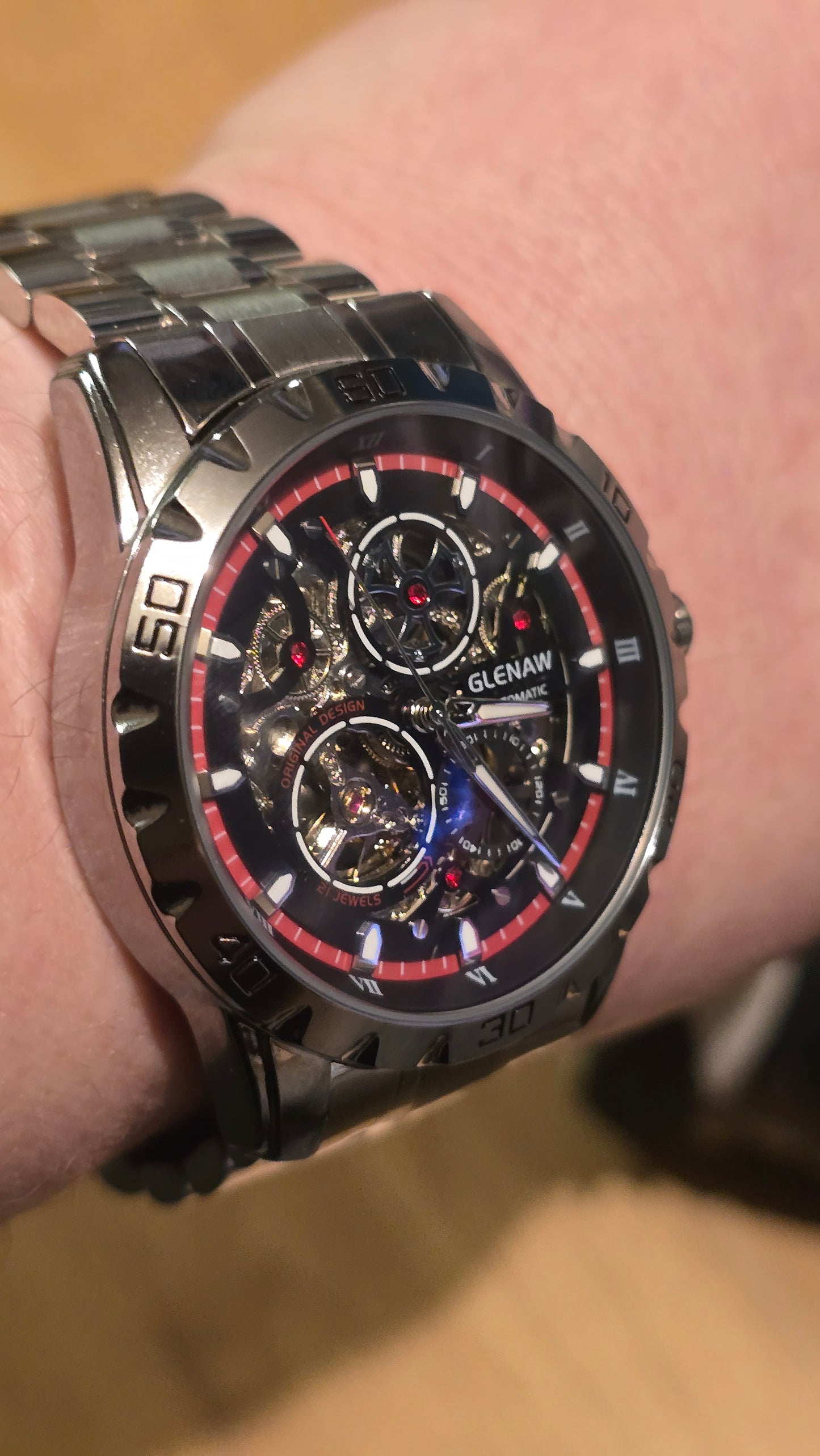 Glenaw Automatic Self-Winding Sports Watch - Red/Silver - New - 1