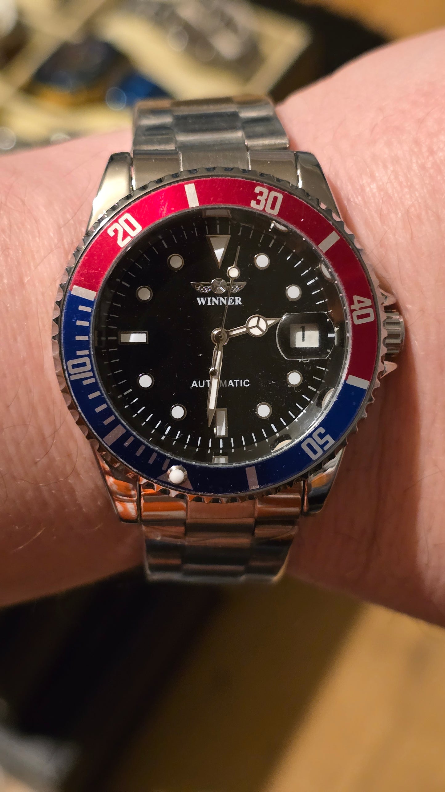 Winner Mens Automatic Self-Winding Watch - Blue/Red - New