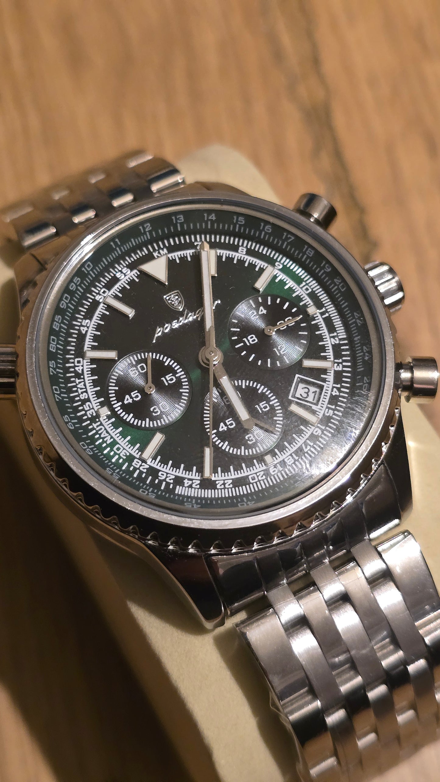 Poedagar Mens 960 Chronograph Quartz Watch - Silver/Green - New - 1