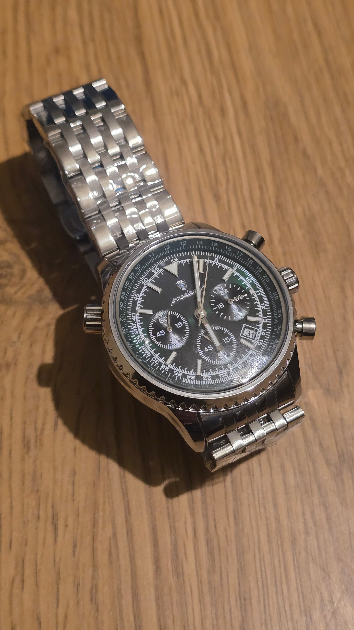 Poedagar Mens 960 Chronograph Quartz Watch - Silver/Green - New - 1