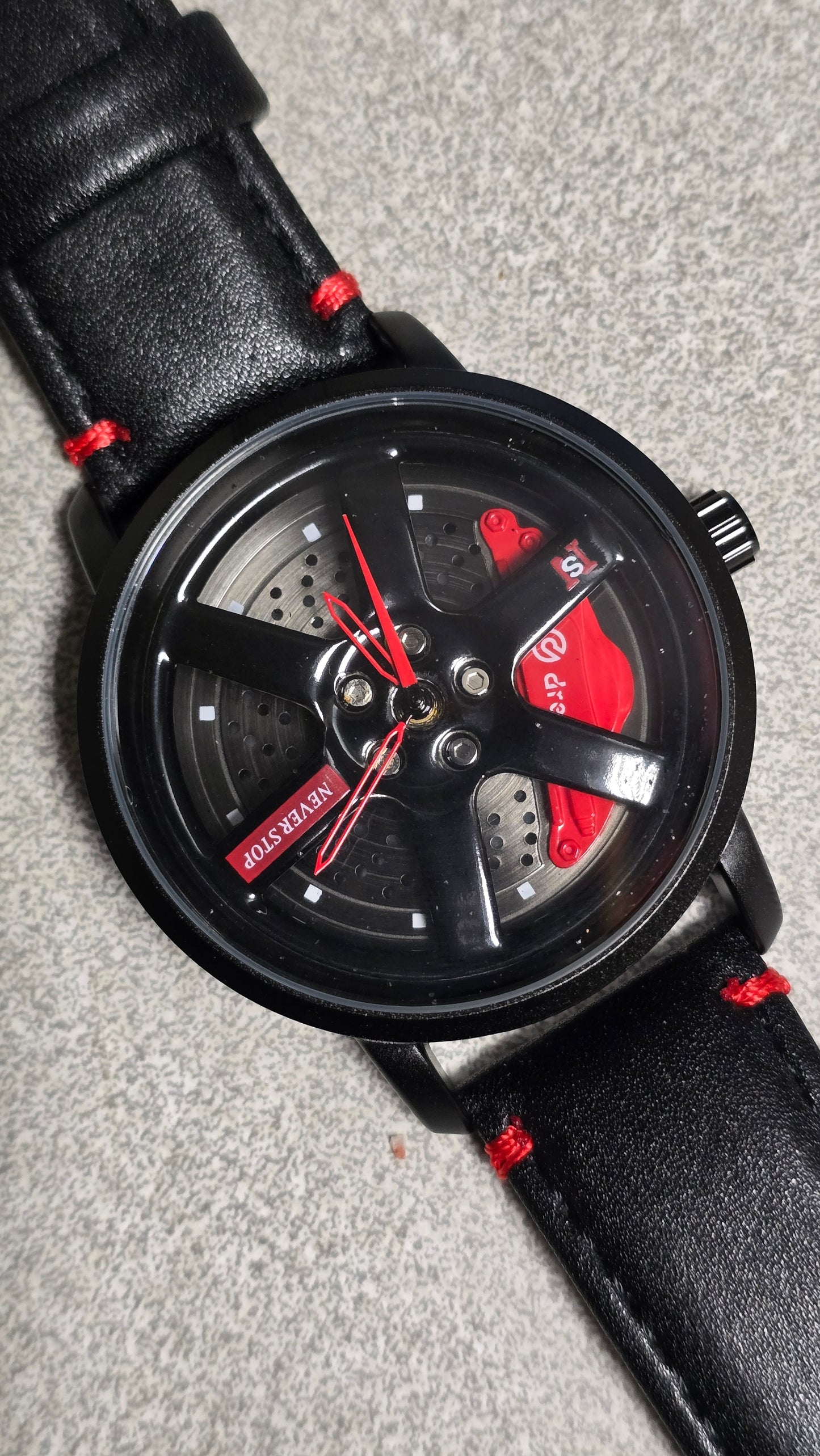 Never Stop - Mens Revolving Alloy Wheel Style Quartz Watch - Red - New